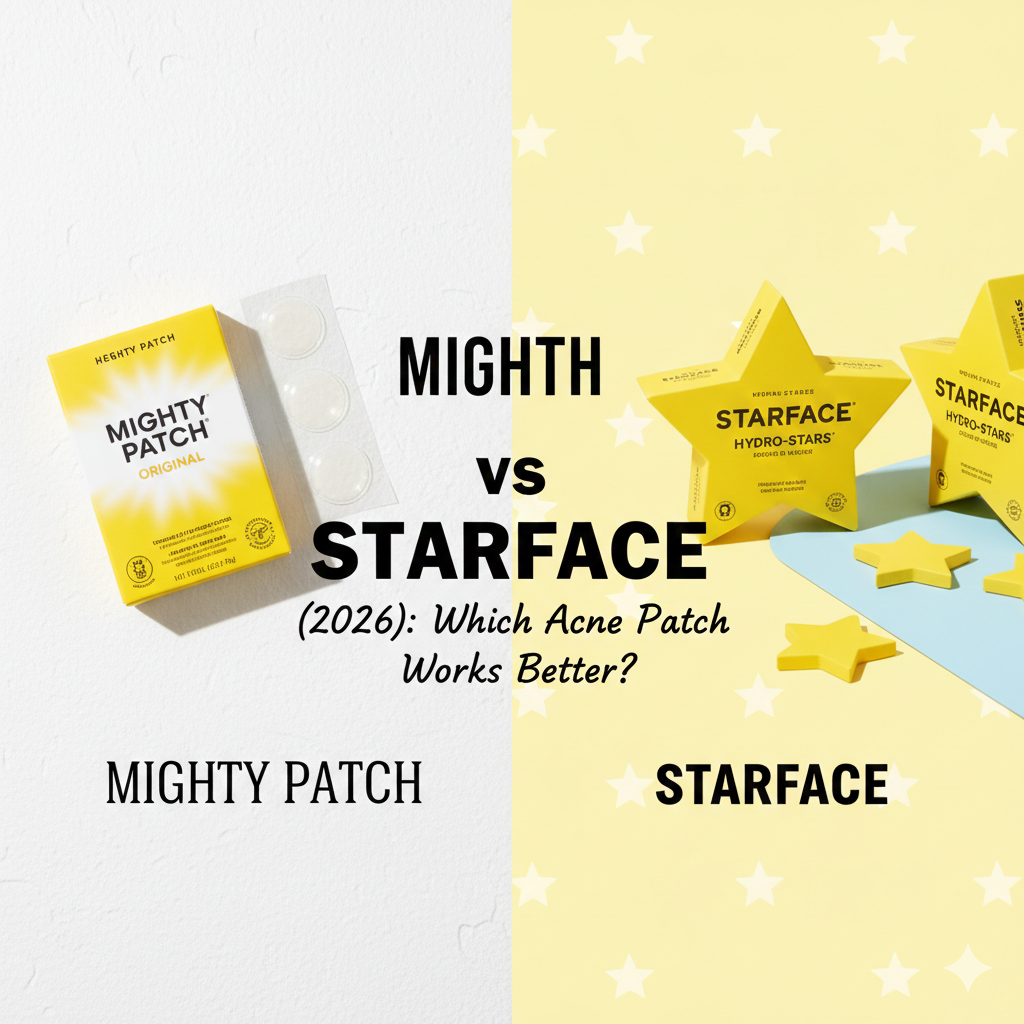 Comparison of Mighty Patch and Starface acne patches for 2026, featuring the original Mighty Patch box with clear hydrocolloid bandages and the yellow star-shaped Starface containers with star patches on a split background.