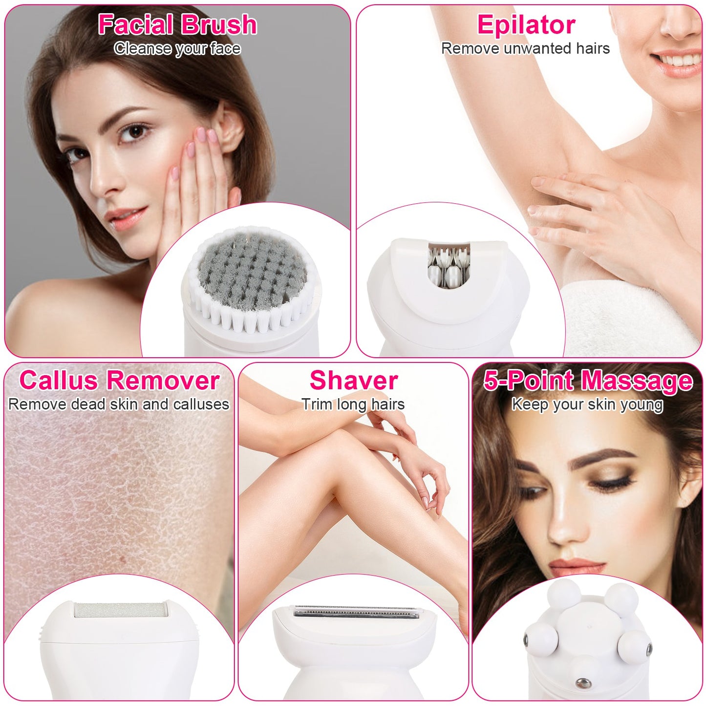 5-in-1 Women’s Electric Epilator – Face, Body & Bikini